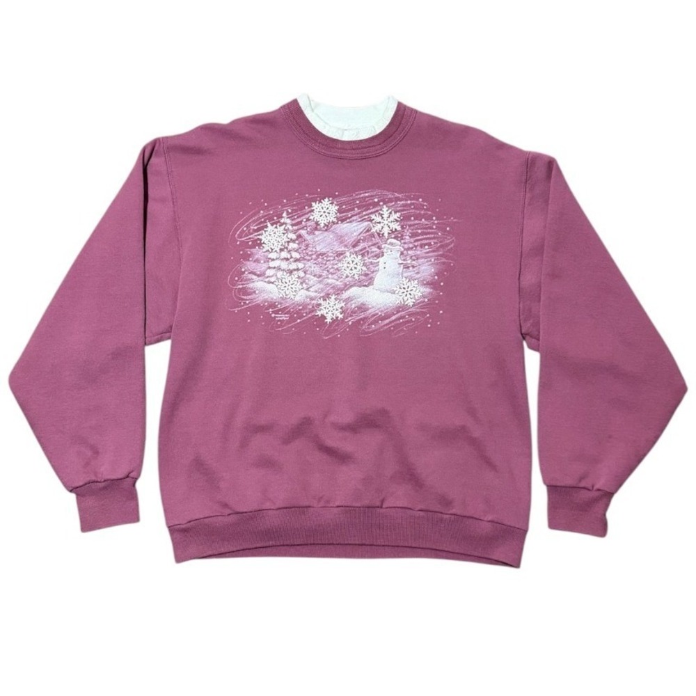 Vintage 90s Snowman Glitter Snowflake Winter Art Lace Mock Neck Graphic Sweater